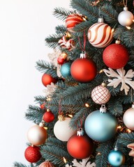 Colorful Christmas tree adorned with ornaments and snowflakes on a white background.