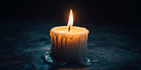A single, elegant white candle burns steadily in a dark space, its flame casting long shadows. Wax gently drips down the sides, creating a serene and peaceful ambiance.