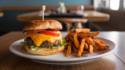 Gourmet Burger with Sweet Potato Fries on a Wooden Table