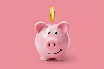 A cheerful pink piggy bank with a coin going into its slot, set against a pink background, symbolizing savings and financial planning.