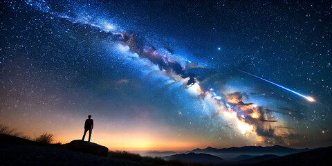 Obraz premium A person stands on a rocky outcrop, gazing at a stunning starry sky filled with vibrant galaxies and shooting stars.