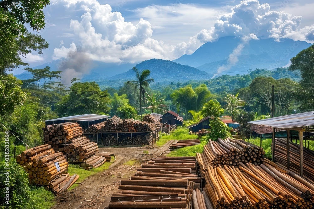 Poster a panoramic shot of a timber yard with various types of wood sorted and stacked, surrounded by a bac