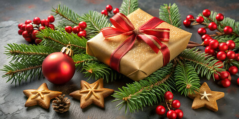 A beautifully wrapped Christmas gift adorned with a red ribbon, surrounded by pine branches, baubles, and festive cookies.