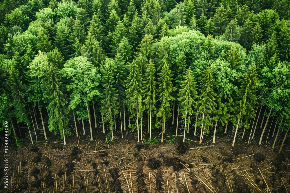 Poster a panoramic view of a managed forest with clear demarcation lines between harvested sections and unt
