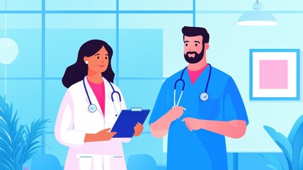 Fototapeta premium Collaborative Care: Doctor and Nurse Discuss Patient Progress in Cozy Nursing Home Lounge