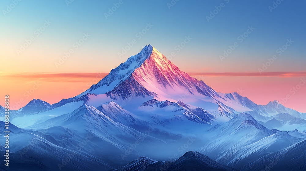 Poster lone majestic mountain peak stands tall under a mesmerizing gradient sky transitioning from soft pin