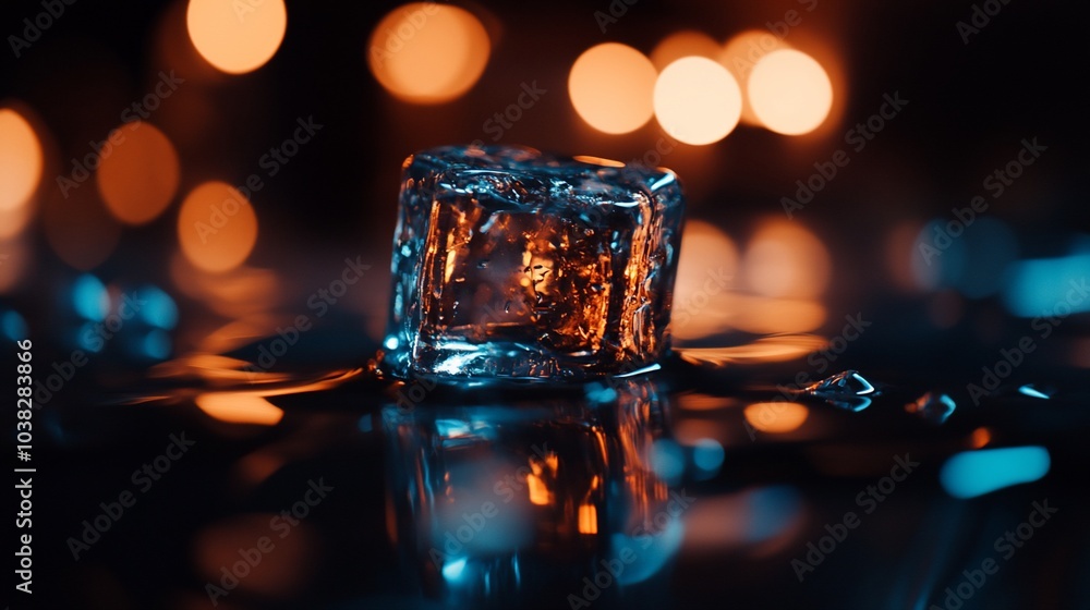 Poster a single ice cube sits on a wet surface with a blurry bokeh background.