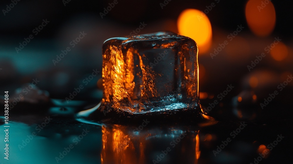 Poster a single ice cube melting on a dark surface with a blurry background of warm light.