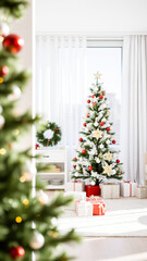decorated christmas tree with presents stands a bright room