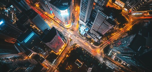 Aerial night view of a busy city intersection with glowing street lights and skyscrapers.
