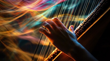Vibrant Hand Playing Harp with Colorful Sounds