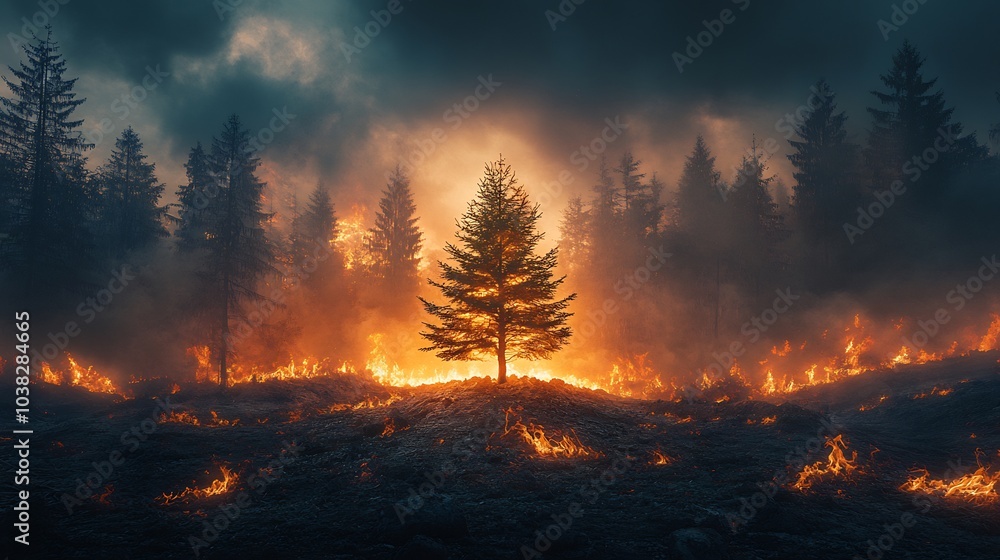 Poster lone small pine tree emerging from the ashes of a burnt forest while wild flames crackle in the dist