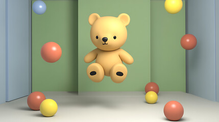 Snarky baby bear balancing on one foot, surreal 3D cartoon style, floating in a playful park scene with vibrant abstract colors 