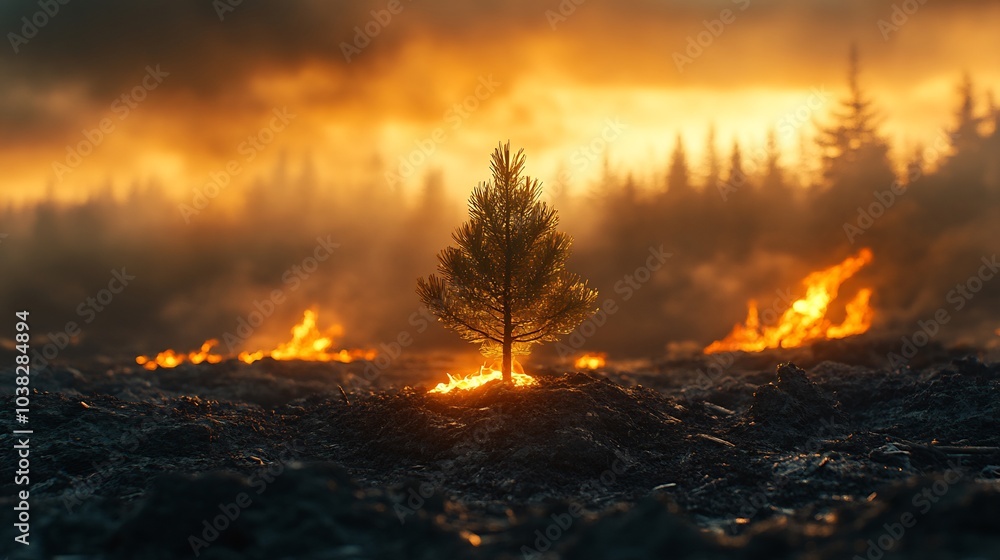 Poster lone small pine tree emerging from the ashes of a burnt forest while wild flames crackle in the dist