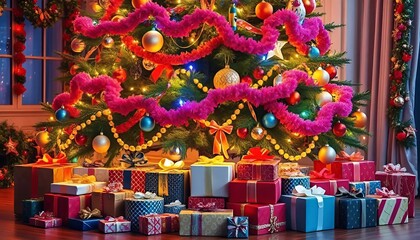 a Christmas tree with decorations and gift boxes under it