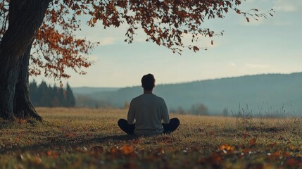 man meditating on sunset late summer fresh autumn in the nature long shadows	