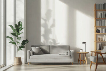 modern living room featuring light gray sofa, stylish armchair, and tall indoor plant. natural light creates beautiful shadows on wall, enhancing serene atmosphere