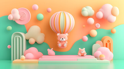 Snarky baby bear floating in a surreal hot air balloon, 3D cartoon style with vibrant abstract sky and clouds, playful expression 