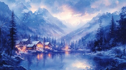 Fototapeta premium The Illustrated landscape aquarelle with water colors of a small village during Christmas holidays under mountains with snow. New Years Eve full of neon lights and colors.