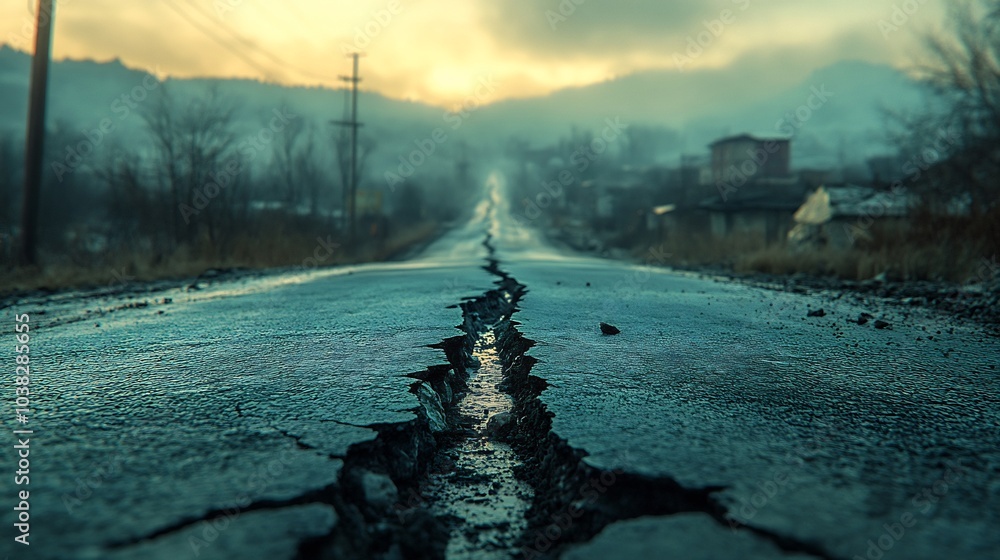 Poster long crack running down a weathered asphalt road the result of a recent earthquake with distant blur