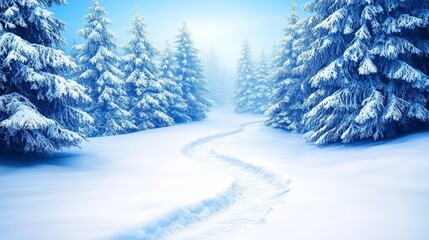 Obraz premium Snow-covered path through serene, snowy trees in a tranquil winter scene.