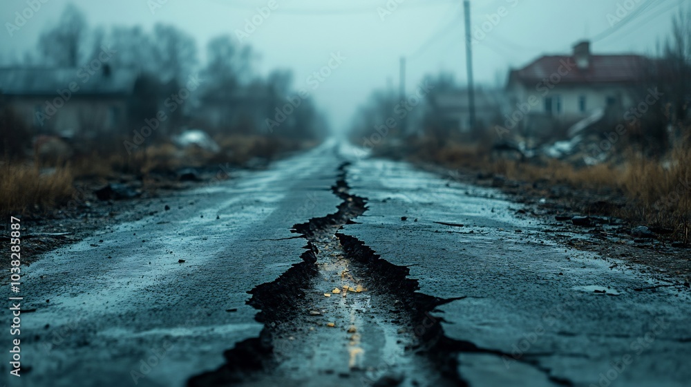 Poster long crack running down a weathered asphalt road the result of a recent earthquake with distant blur
