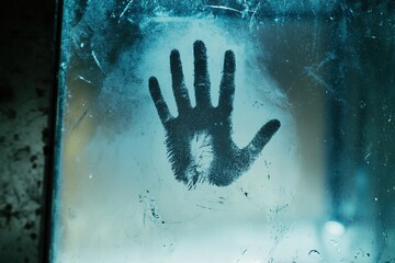 Mysterious handprint on foggy glass in cold hues