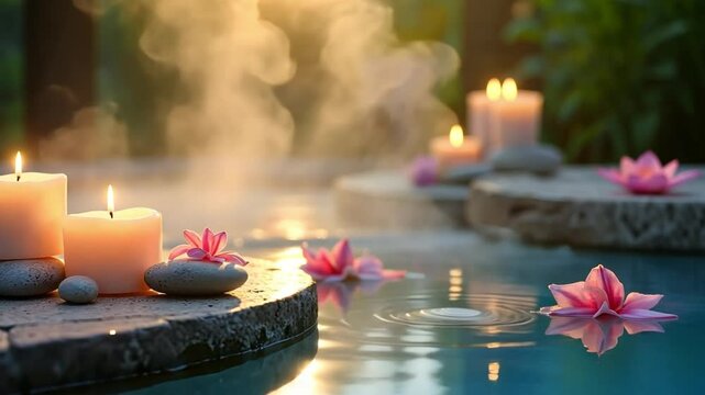 Candles, Stones, and Flowers Floating in a Pool of Water with Steam and Sunlight in the Background
