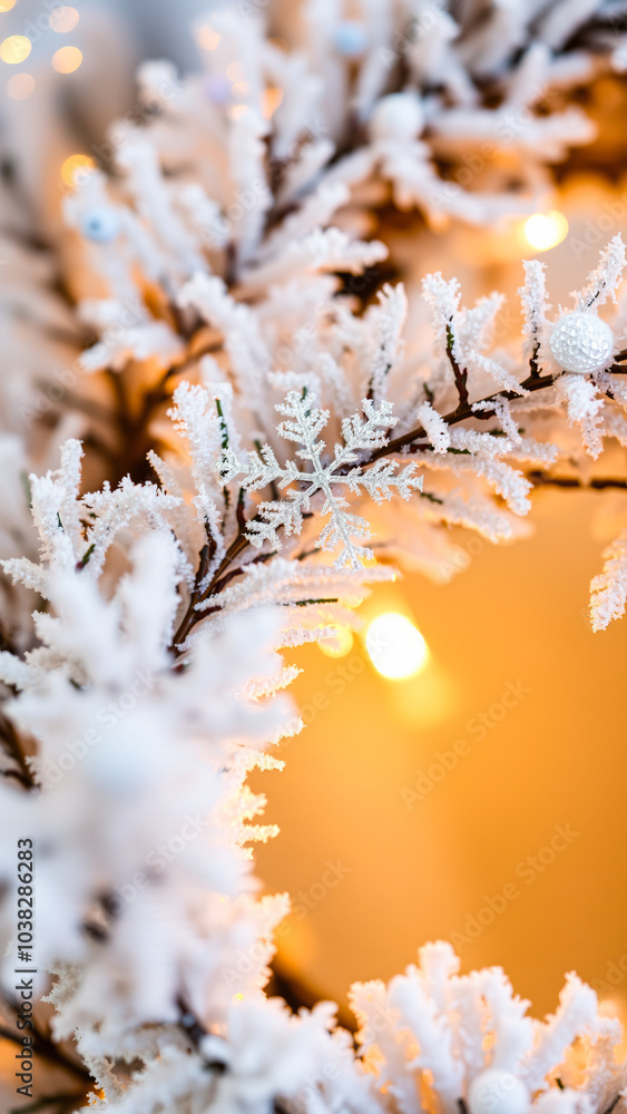 Poster sparkling snowflake ornament adorns a snowy artificial tree