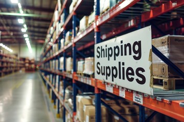 A prominent sign reading "Shipping Supplies" placed in a supply area for packaging materials, ensuring easy access for workers
