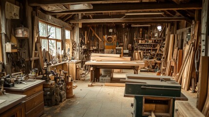 Naklejka premium A lively woodworking workshop with saws and timber, Woodcraft tools organized in a busy studio, Craftsmanship charm style