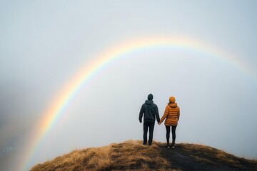 A rainbow arcing over two people holding hands on a hilltop, Symbol of hope, Connected beauty