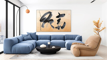Sofa in modern interior with stylish furniture and artistic decor