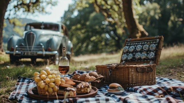 Fototapeta A quaint countryside picnic setup with a vintage car parked nearby, an old-fashioned picnic basket, and a checkered blanket.