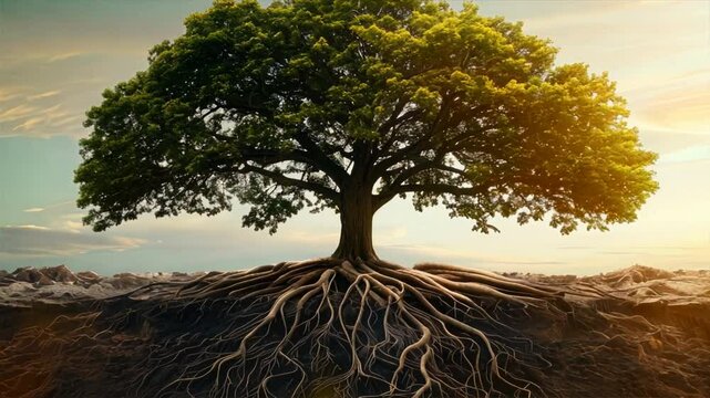 Majestic tree stands tall in serene landscape, its expansive roots symbolizing strength and resilience, while warm sunlight filters through leaves, showcasing beauty of nature and outdoor growth in