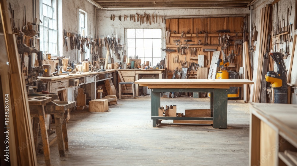 Poster a lively woodworking workshop with tools and timber, woodcraft tools neatly displayed in a bustling 