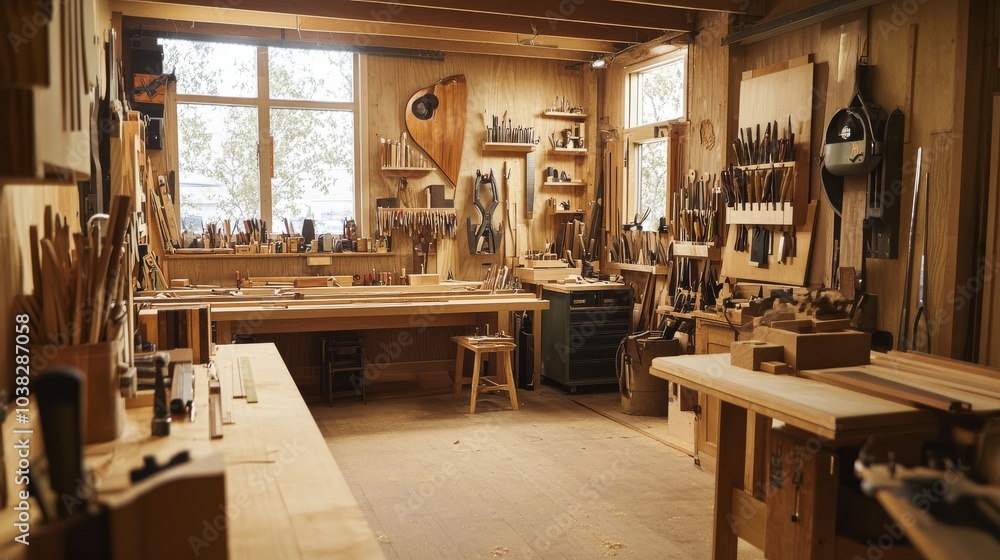 Poster a lively woodworking workshop with tools and timber, woodcraft tools neatly displayed in a bustling 