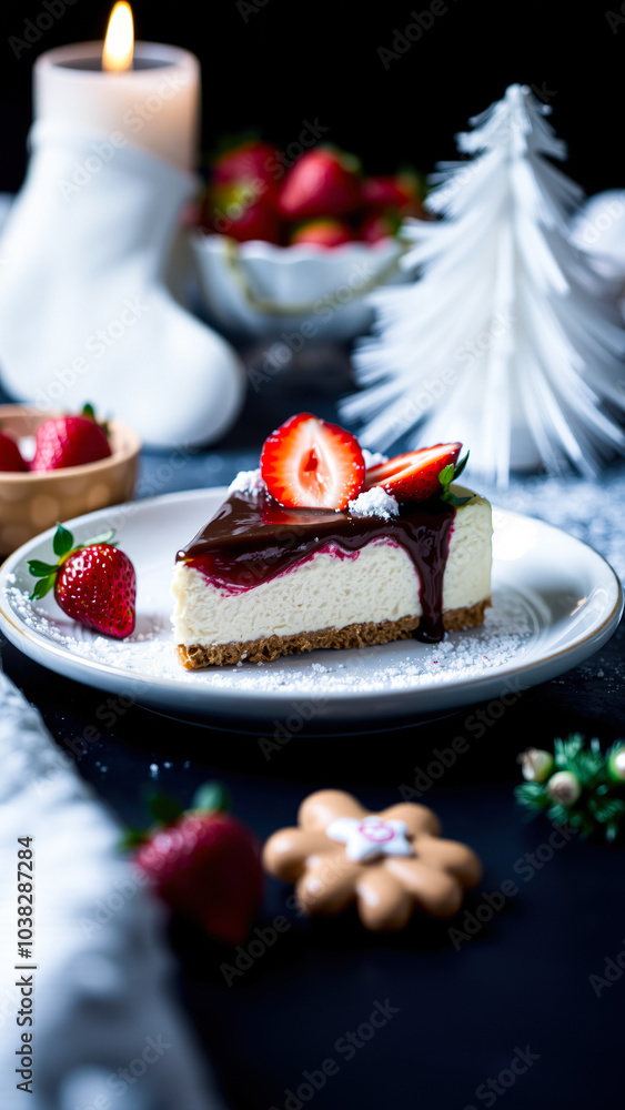 Canvas Prints slice strawberry cheesecake with chocolate drizzle a festive treat