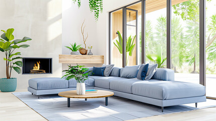 Living room with cozy sofa and modern interior design featuring a fireplace and large windows