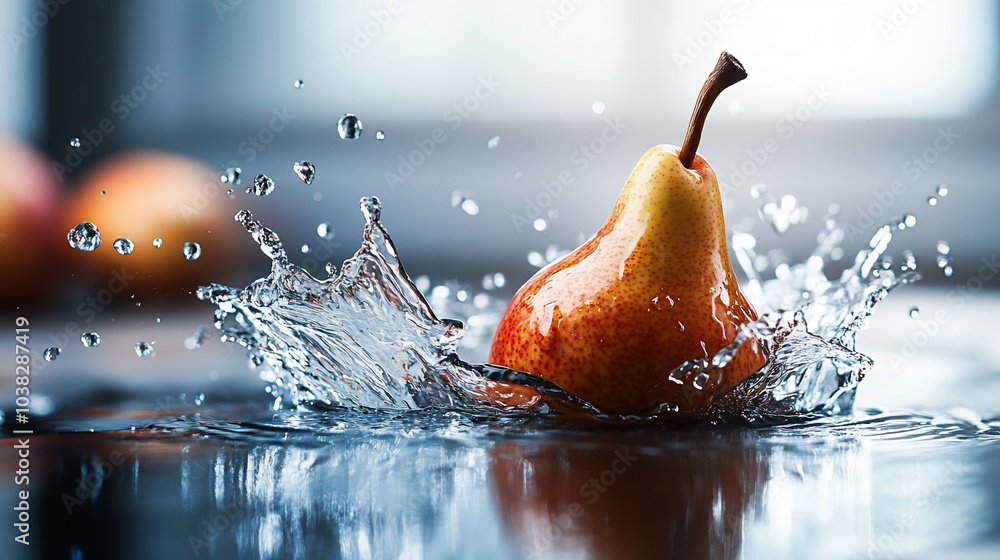 Poster a ripe pear splashing into a pool of water, creating a dramatic crown of droplets.