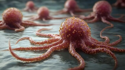 Naklejka premium 3D-rendered image of octopus-like cancer cells moving and crawling on a flat surface.
