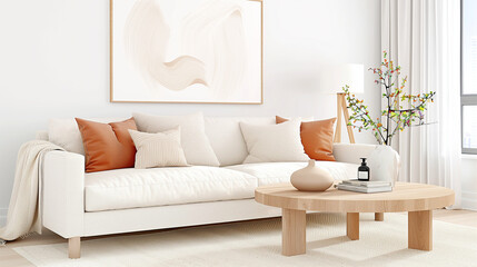 Sofa in modern living room with decorative elements and cozy design