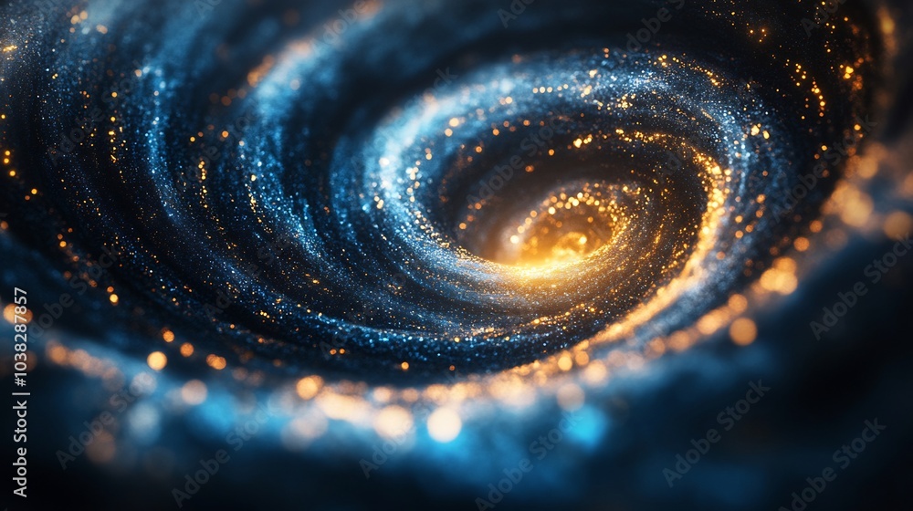 Poster mesmerizing abstract vortex of swirling blue and gold particles creating a dynamic motion effect wit