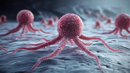 3D-rendered image of octopus-like cancer cells moving and crawling on a flat surface.