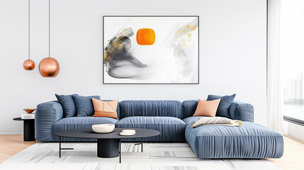 Modern sofa in a stylish living room with abstract art elegant interior design elements and a contemporary feel