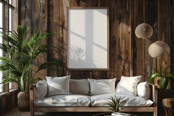 A white couch sitting in a living room next to a window