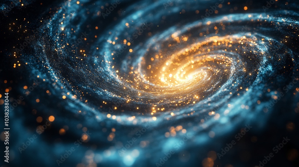 Poster mesmerizing abstract vortex of swirling blue and gold particles creating a dynamic motion effect wit