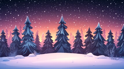 Fototapeta premium Snowy forest landscape with twilight sky and tall pine trees, soft winter ambiance.