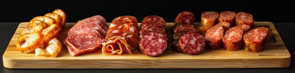 Obraz premium sausage and cheese slices on a board. selective focus