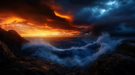 Obraz premium Dramatic sunset over stormy ocean with dark clouds, waves crashing against rocky shore.